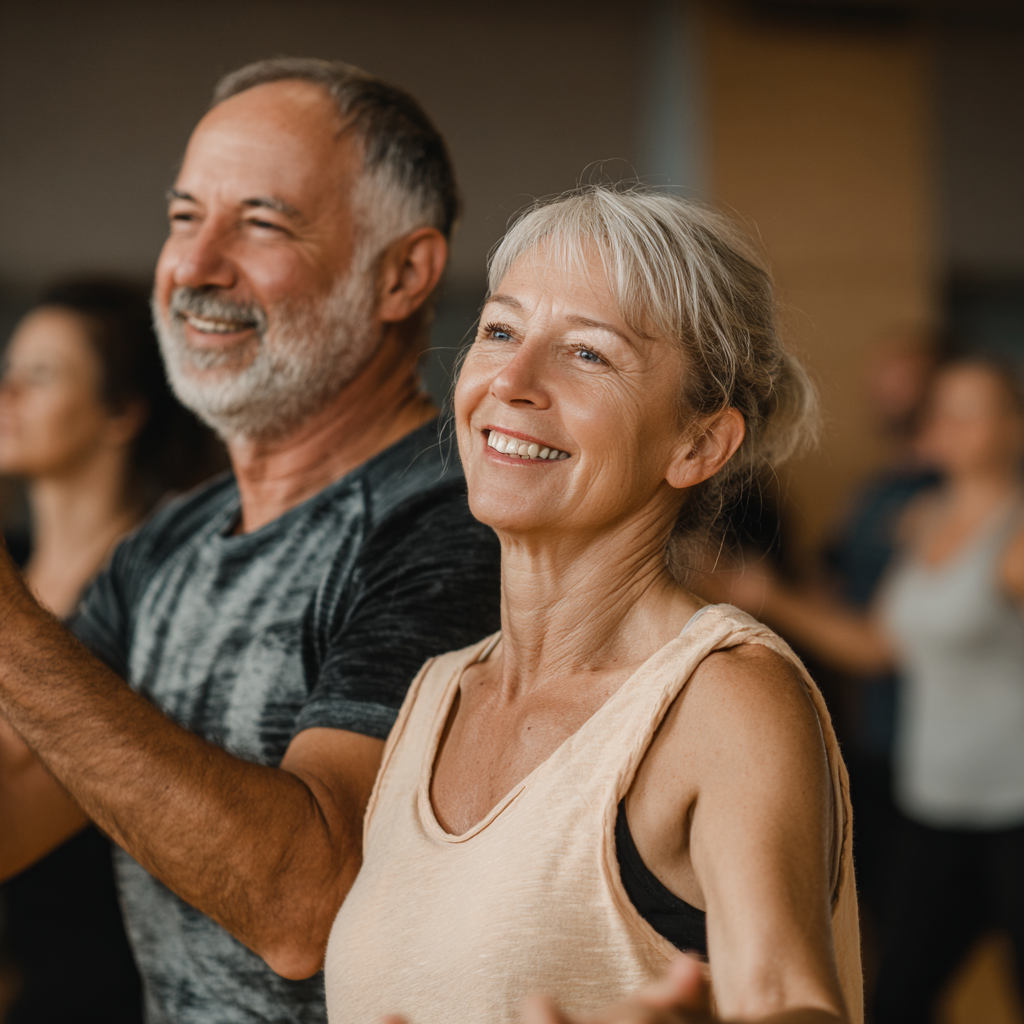 Active mature community members supporting each other during group fitness activities