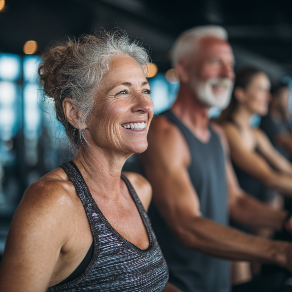 Mature adults enjoying fitness training session in modern gym environment